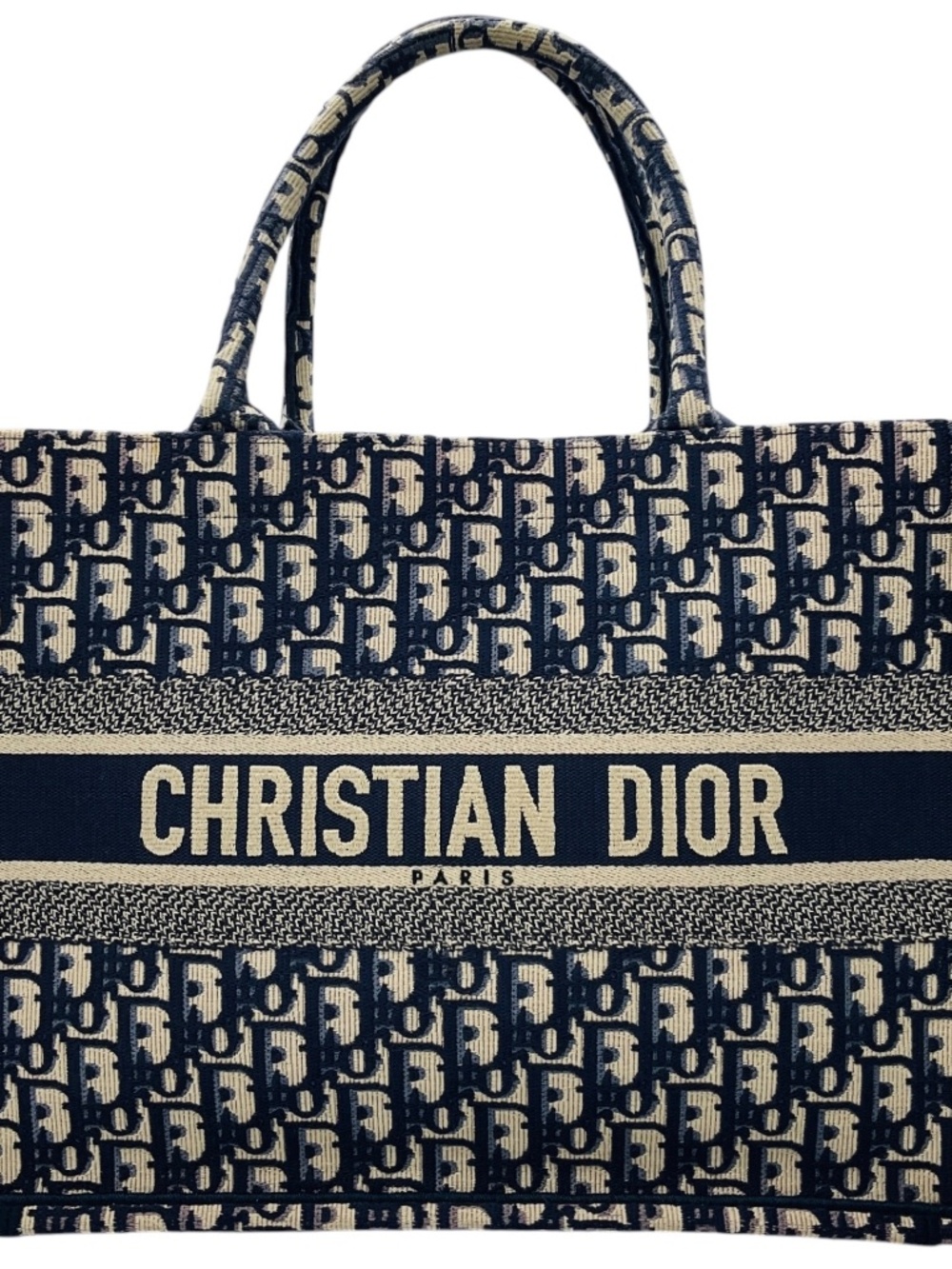CHRISTIAN DIOR ECRU / BLUE DIOR OBLIQUE EMBROIDERY MEDIUM DIOR BOOK TOTE HANDBAG